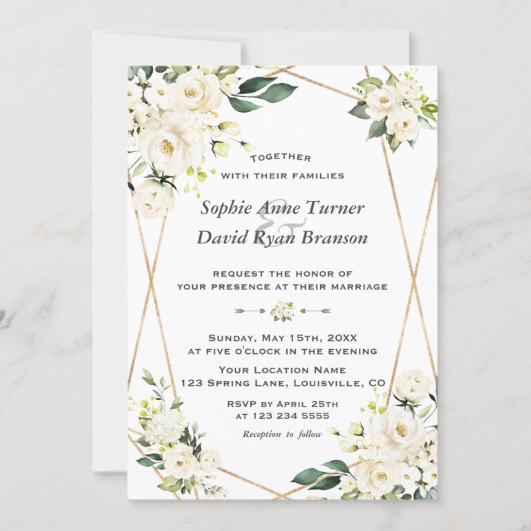 Delicate White Flowers Gold Monogram Wedding Invitation