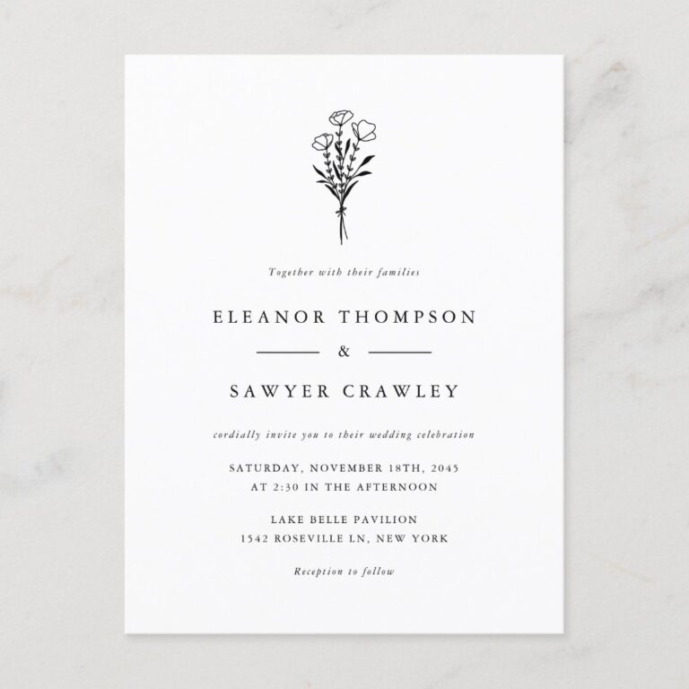 Black Minimalist Floral Bouquet Wedding Invitation Postcard