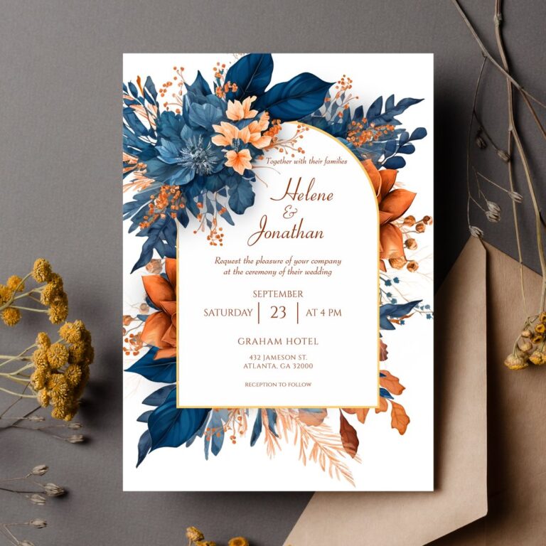 Indigo Rust Boho Watercolor Modern Elegant Wedding Invitation