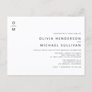 Black Minimalist Typography Monogram Wedding Invitation Postcard