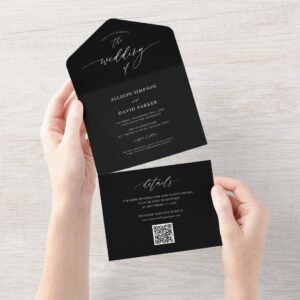 Elegant Black Calligraphy QR Code Wedding All In One Invitation