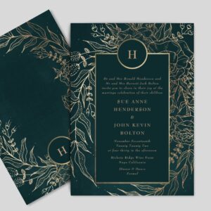 Editable Gold Foil & Emerald Green Wreath Monogram Invitation