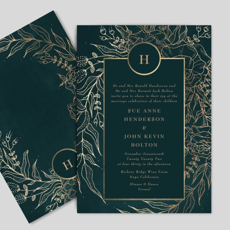 Editable Gold Foil & Emerald Green Wreath Monogram Invitation