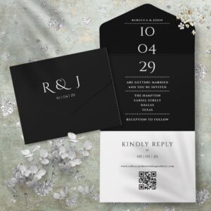 Black An White Monogram QR Code Wedding Date All In One Invitation