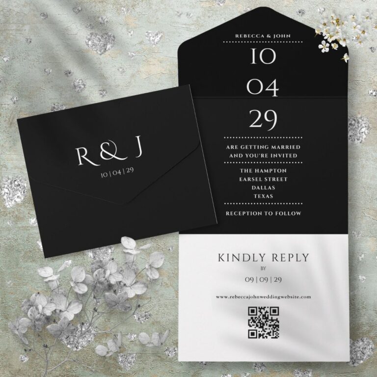 Black An White Monogram QR Code Wedding Date All In One Invitation