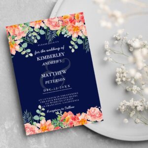 Watercolor navy blue coral pink botanical Wedding Invitation