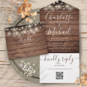 Rustic String Lights QR Code Monogram Wedding All In One Invitation