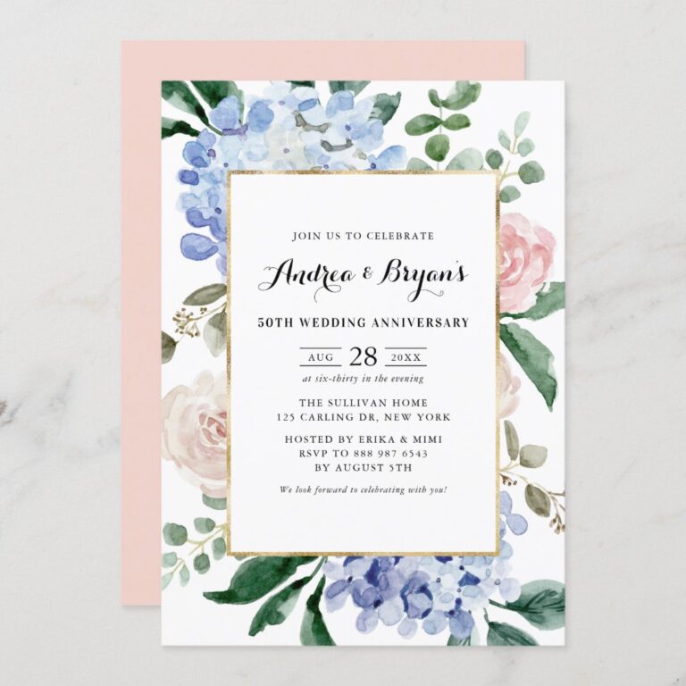 Blue Hydrangeas and Pink Roses Wedding Anniversary Invitation