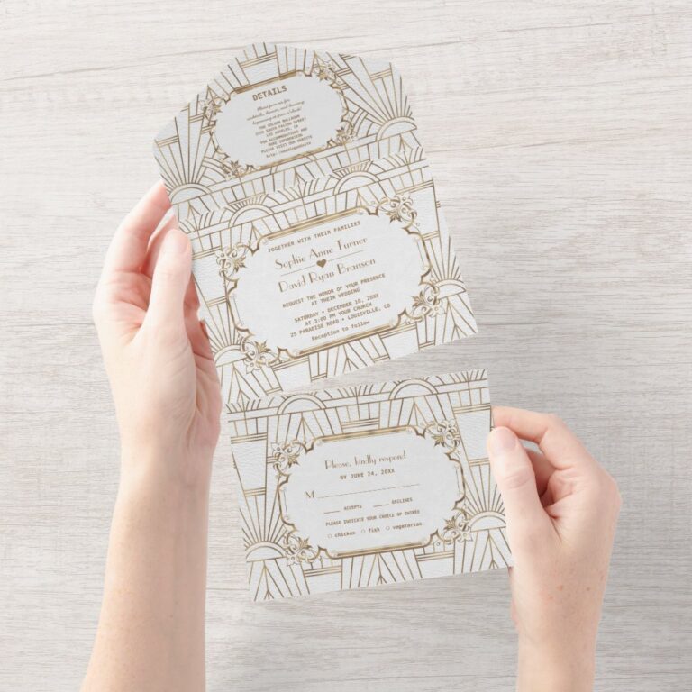 White Gold Great Gatsby Art Deco Wedding All In One Invitation