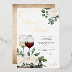 Floral Watercolor Vineyard Wedding Gold Foil Invitation