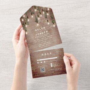 Rustic Brick Vintage Lightbulbs Wedding RSVP QR All In One Invitation