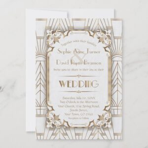 Charm Gold White Art Deco Great Gatsby Wedding Invitation