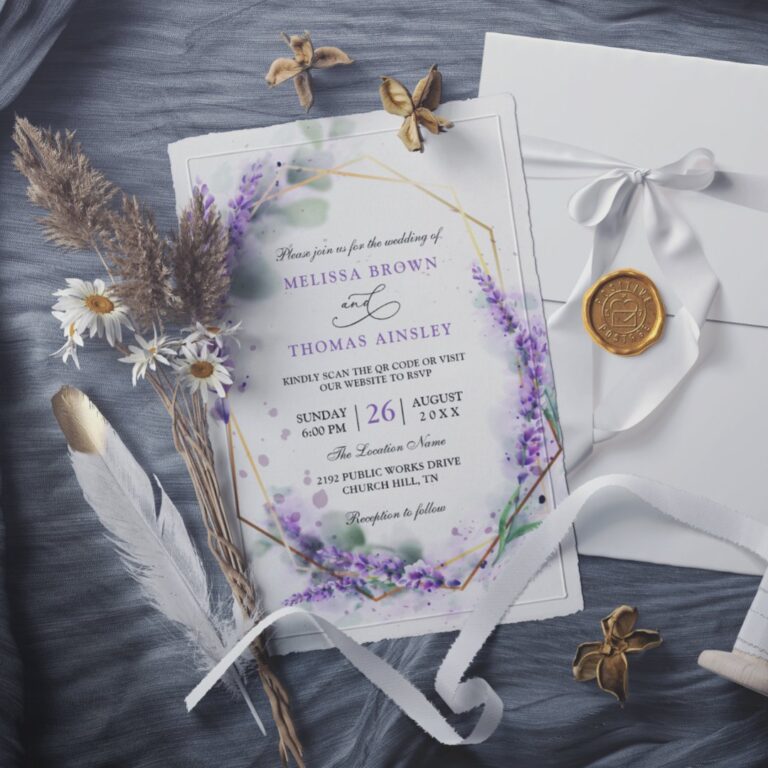 Elegant Purple Lavender Budget QR Code Wedding Invitation