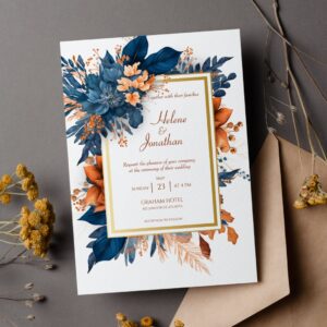 Elegant Indigo Rust Watercolor Boho Wedding Invitation