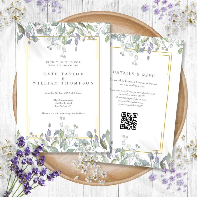 Greenery Sage Lilac Floral QR Code Wedding Invitation