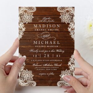 Rustic Floral Lace Wood Modern Wedding Invitation