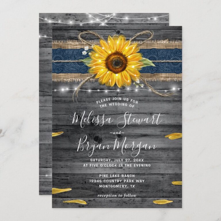 Rustic Gray Wood Navy Blue Lace Sunflower Wedding Invitation