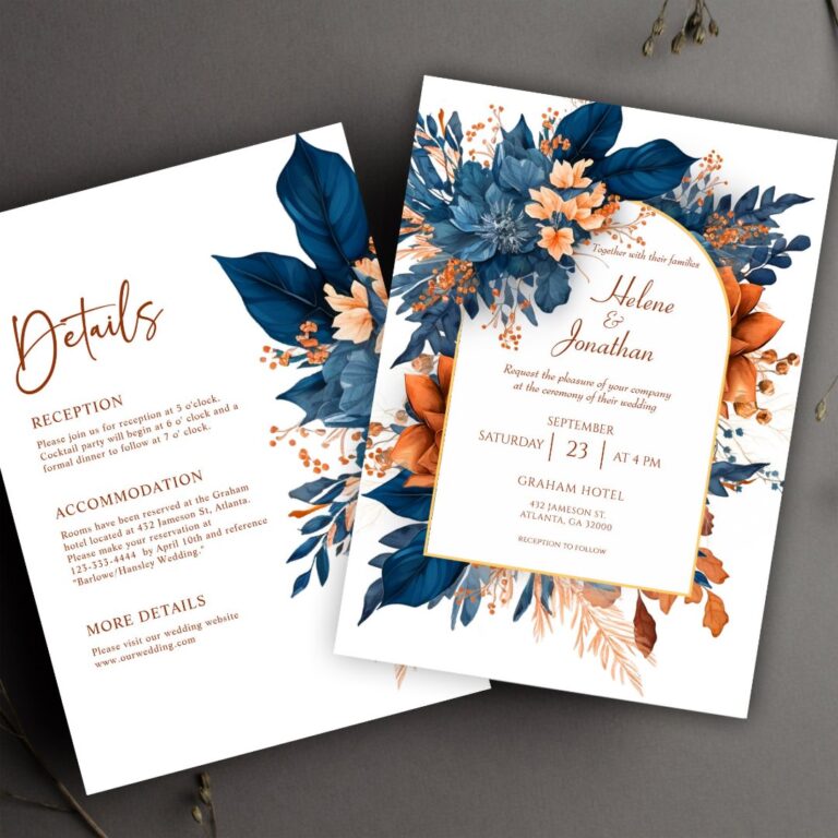 Indigo Modern Rustic All In One Elegant Wedding Invitation