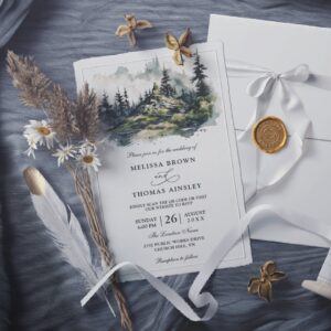 Rustic Mountain Forest Budget QR Code Wedding Invitation