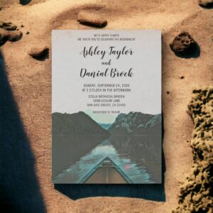 Vintage sailing boat mountain destination wedding invitation