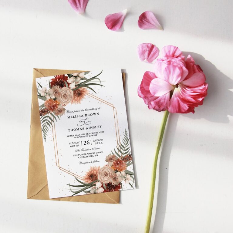 Boho Terracotta Elegant Budget QR Code Wedding Invitation