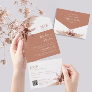 Elegant Boho Terracotta Pampas QR Code Wedding All In One Invitation