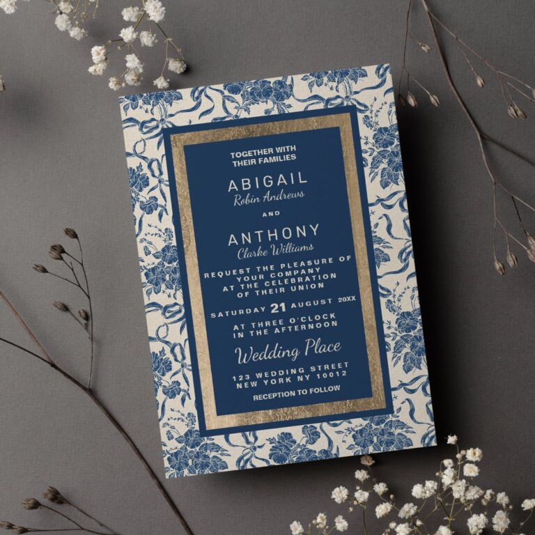 Chic Modern Vintage Ivory Navy Blue Floral Wedding Invitation