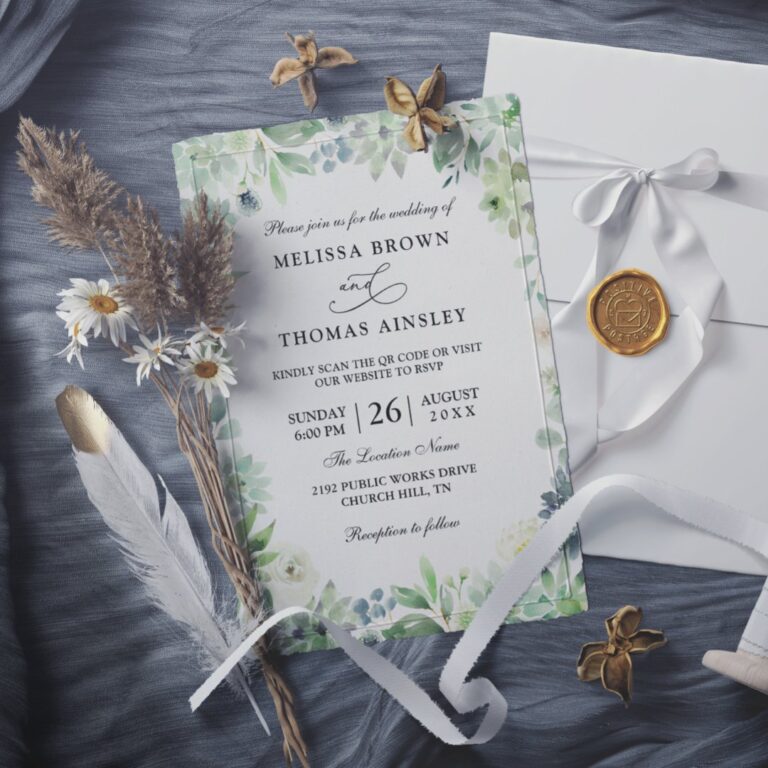 Eucalyptus Floral Rustic Budget QR Code Wedding Invitation