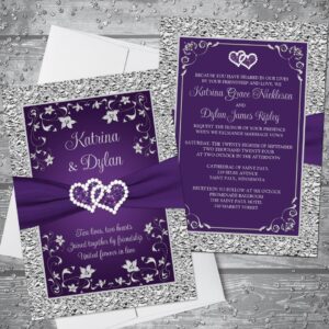 Purple, Gray Love Hearts Wedding Invitation