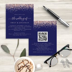 Budget Rose Gold Glitter QR Navy Wedding Invite