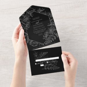 Chic Black White Floral Botanical Wedding All In One Invitation