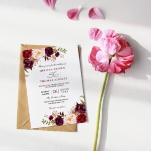 Burgundy Floral Modern Budget QR Code Wedding Invitation