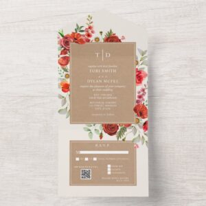 Wildflower Red Floral Cardstock Wedding RSVP QR All In One Invitation