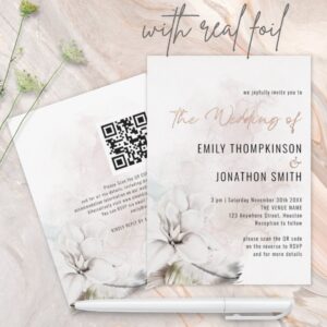 Elegant White Florals Watercolor QR Code Wedding Foil Invitation