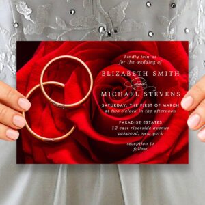 Wedding Red Rose Gold Rings Wedding Invitation