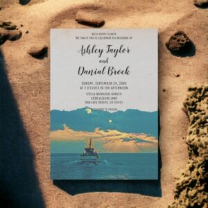 Vintage boat sunset nautical destination wedding invitation