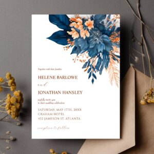 Elegant Floral Watercolor Indigo Rust Wedding Invitation