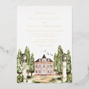 Vintage Watercolor English Manor Wedding Foil Invitation