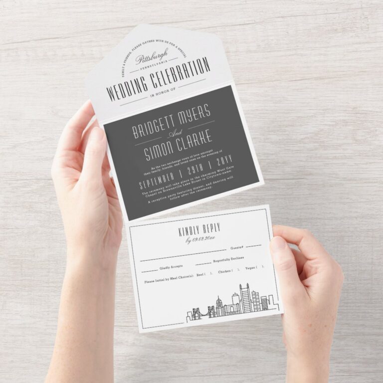 Pittsburgh Deco Skyline | Grey-Style Wedding All In One Invitation