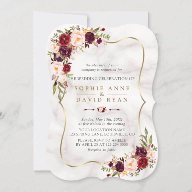 Pink Burgundy Marsala Floral Gold Marble Wedding Invitation