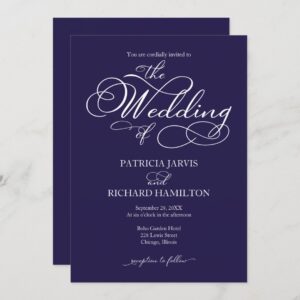 Elegant Script Navy Blue And White Wedding Invitation