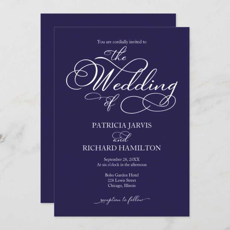 Elegant Script Navy Blue And White Wedding Invitation