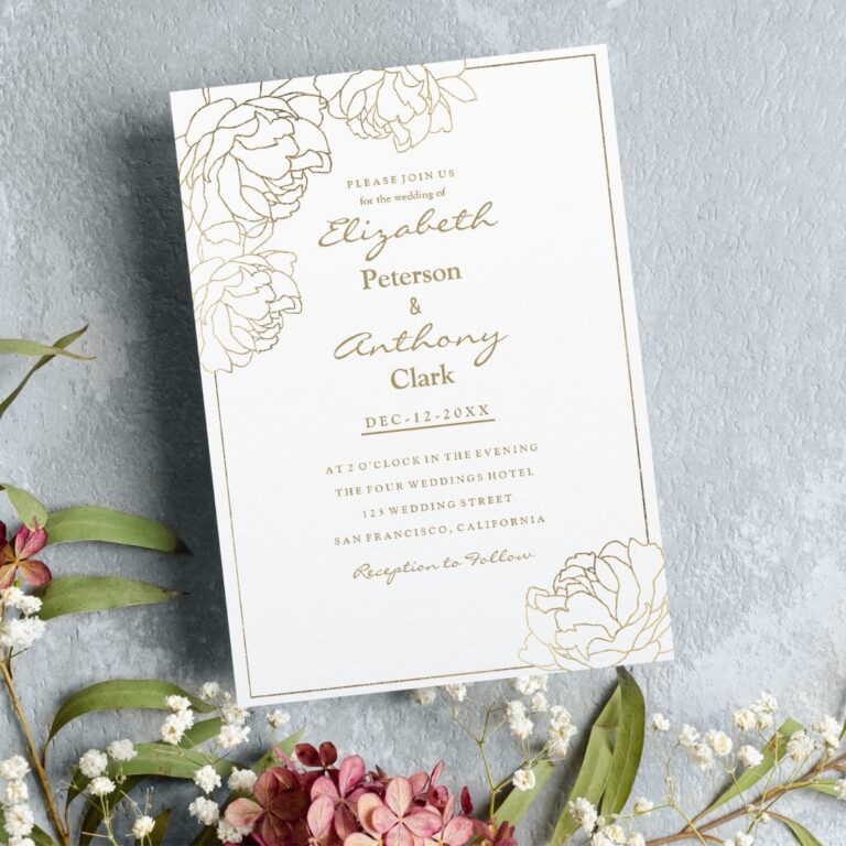 Sophisticated white faux gold peony floral Wedding Invitation