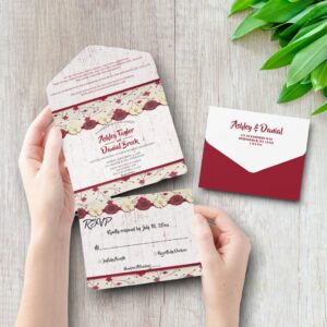 Elegant Burgundy Floral Frame Boho Summer Wedding All In One Invitation