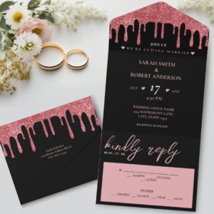 Black & Pink Rose Gold Glitter Drip Wedding All In One Invitation