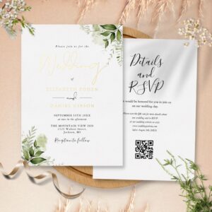 Rustic Greenery QR Code Elegant Wedding Gold Foil Invitation