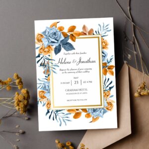 Indigo Rust Floral Watercolor Boho Wedding Invitation