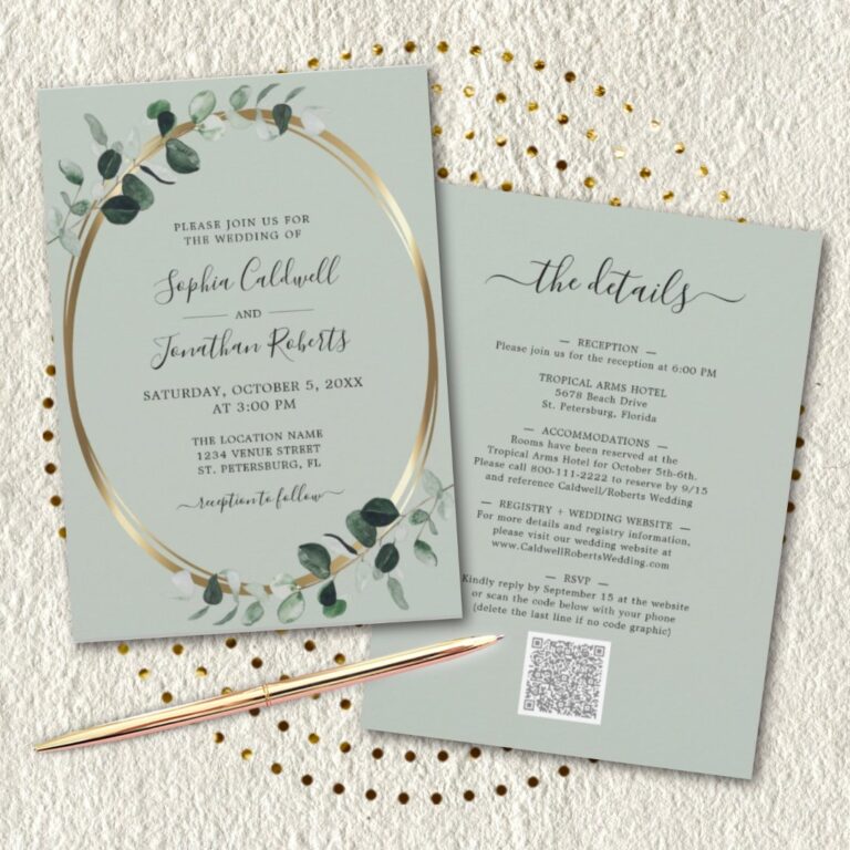 Eucalyptus Gold Metallic Sage All in One Wedding Invitation