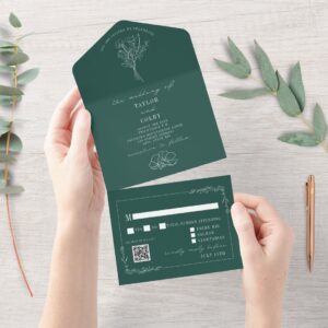 Vintage Floral Rustic Emerald Wedding QR Code All All In One Invitation