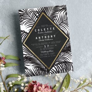 Modern White Black Tropical Palm Frond Wedding Invitation